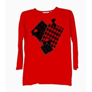 Vintage Christmas Top Shirt Blouse L Long Sleeve Red Green Gold Plaid Beads